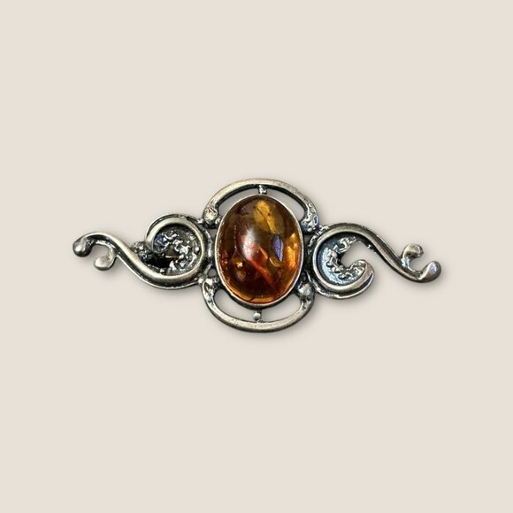 Vintage Estate Sterling Silver Brooch With Amber Cabochon - Picture 1 of 4